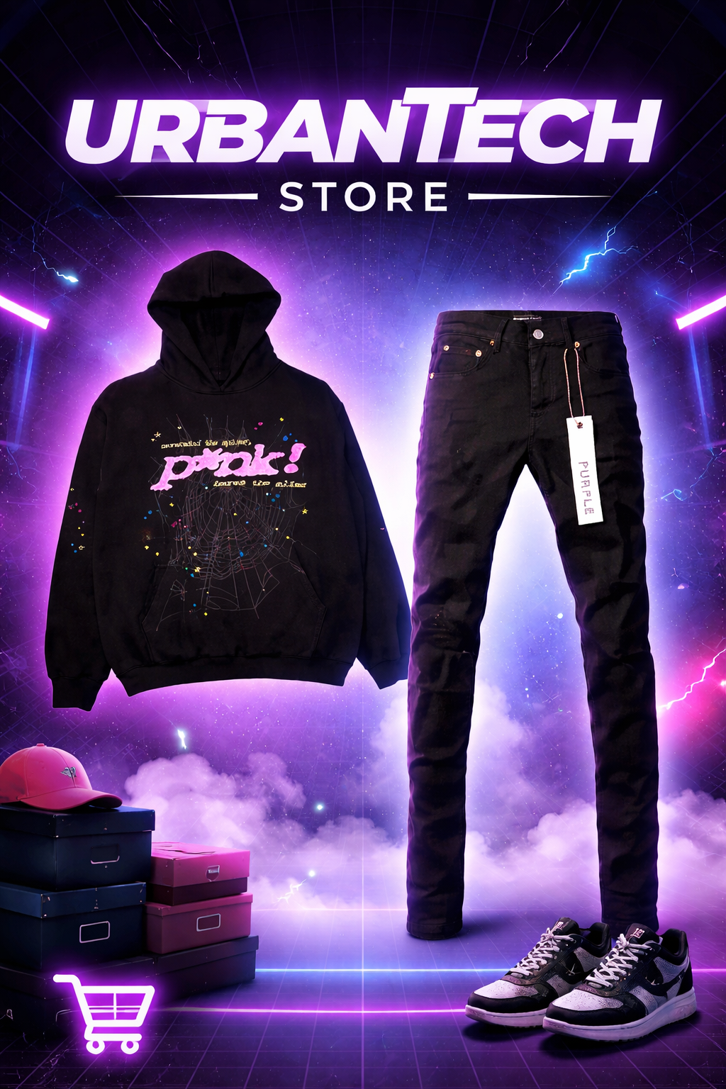 Sp5der P*NK sudadera con capucha + vaqueros de moda de marca morada