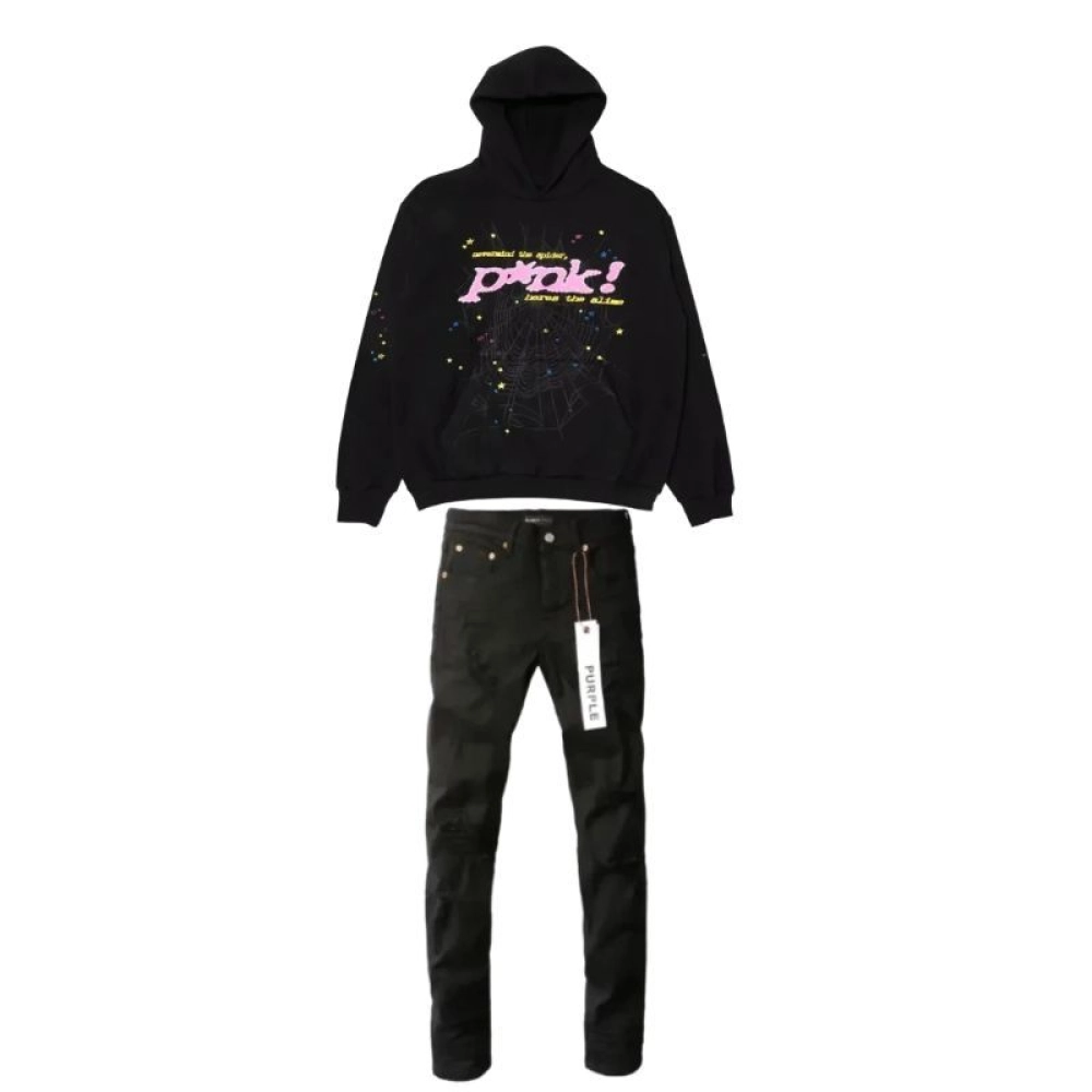 Sp5der P*NK sudadera con capucha + vaqueros de moda de marca morada